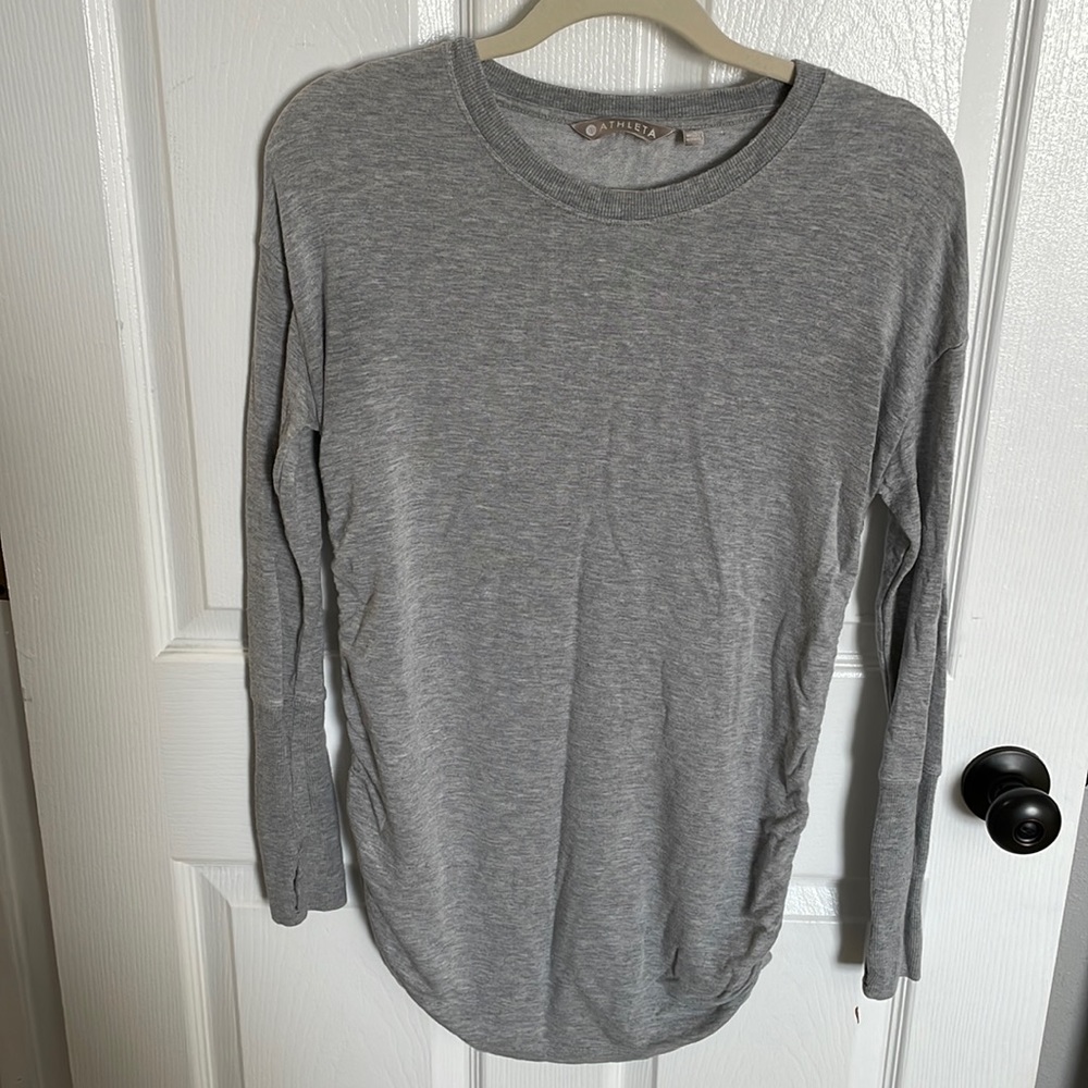 Athleta grey sweater top, cinched at sides